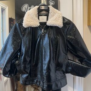 Wilfred Black Shiny Patent Leather Teddy Collar Jacket